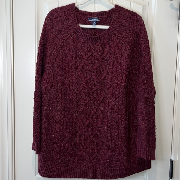 Maroon Lands End warm chunky cable knit wool blend sweater size 1X - Picture 1 of 10